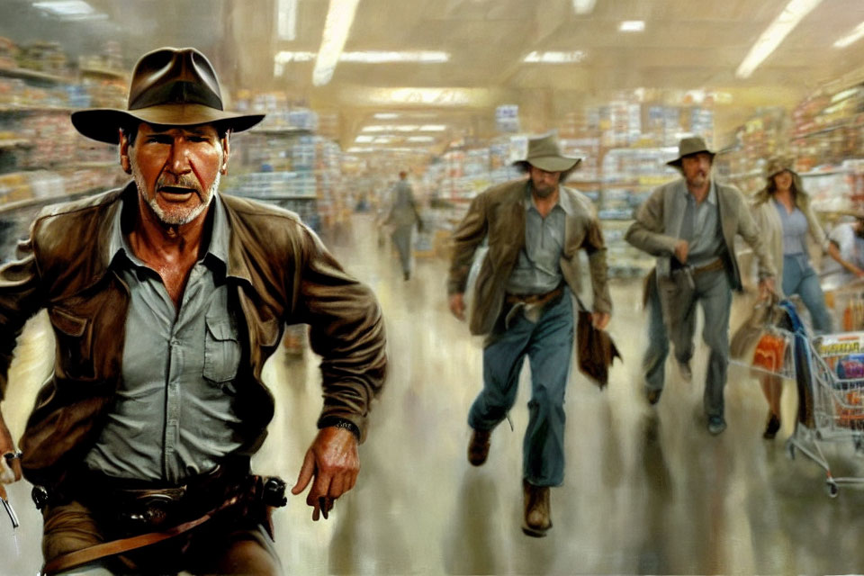 Man in adventurer costume with fedora hat running in supermarket aisle