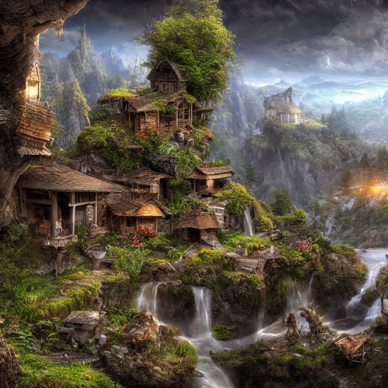 Fantasy landscape with rustic houses on cliffs and waterfalls under dramatic sky