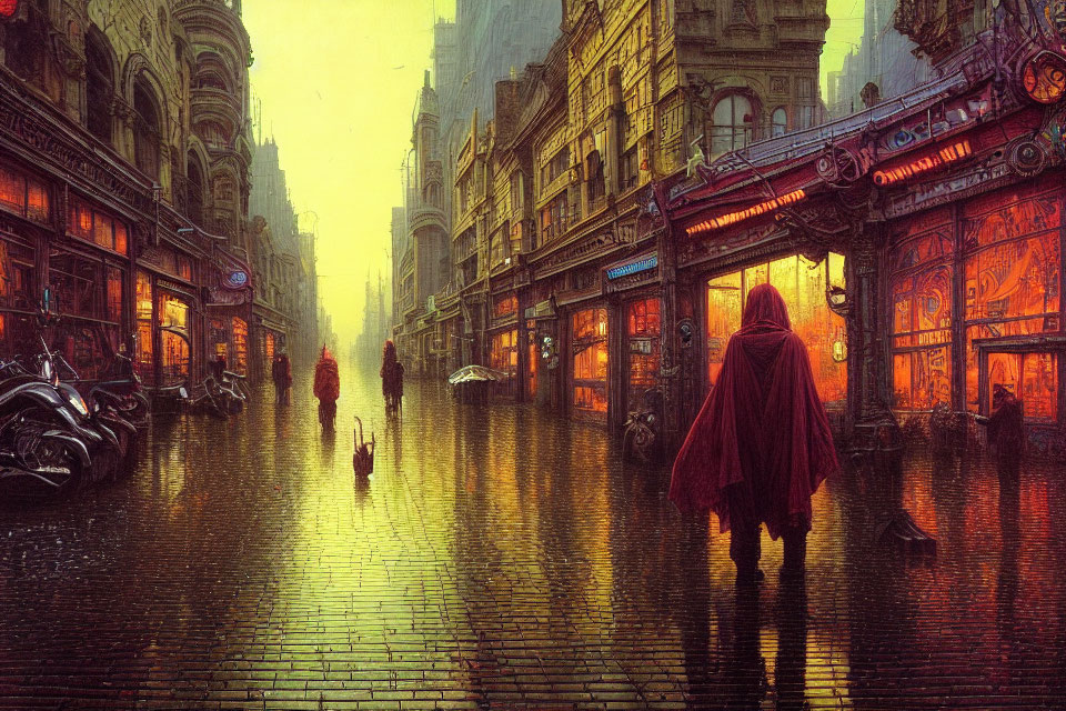 Person in Red Cloak Walking with Dog in Moody Cityscape