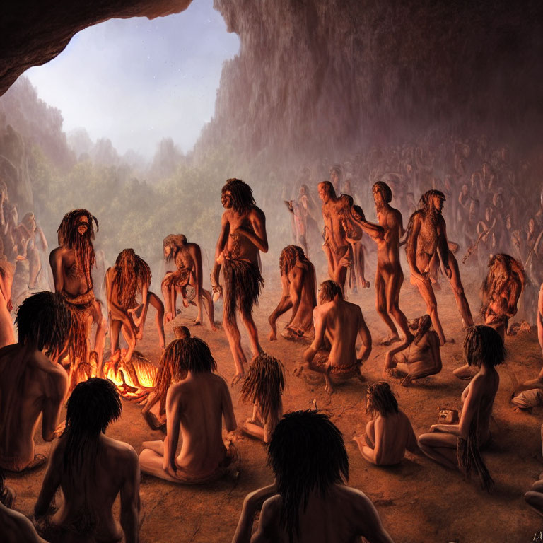 Prehistoric humans in a cave around a fire engaging in social activities