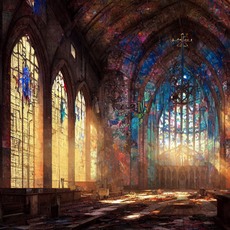 Stained glass windows light up abandoned gothic church interior