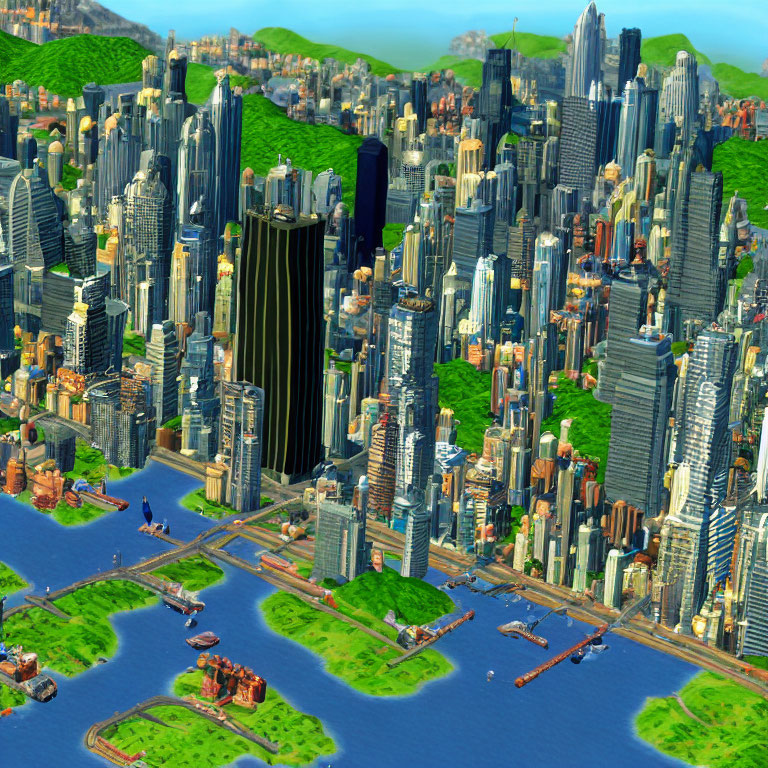 Urban landscape with skyscrapers, waterways, and green spaces under a clear blue sky