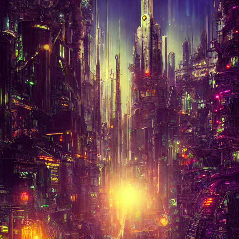 Futuristic night cityscape with neon lights and skyscrapers