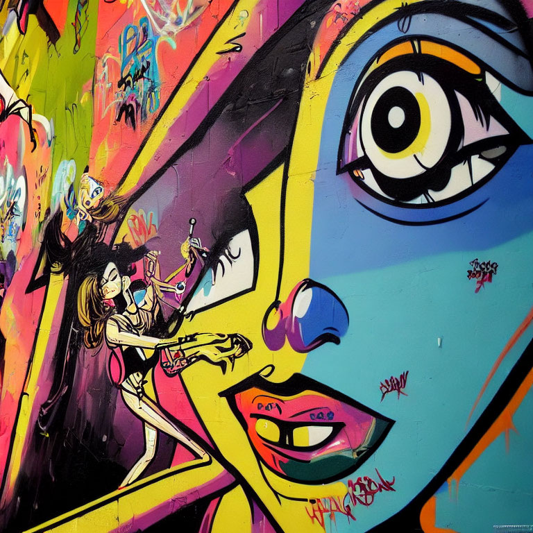 Vibrant graffiti art with stylized face and figure holding spray paint can