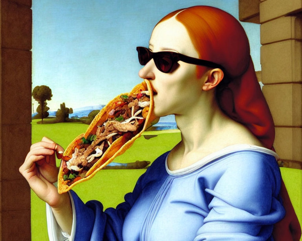 Red-haired woman with sunglasses eating taco in Renaissance landscape