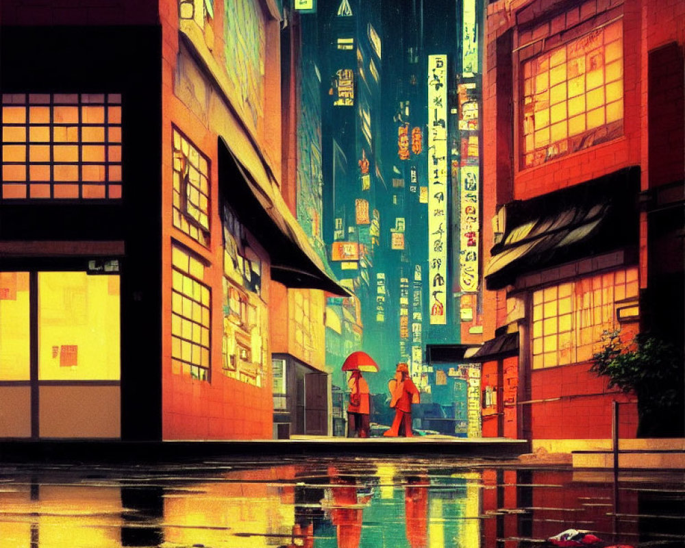 Urban alley scene: Two people with umbrella in neon-lit city at dusk