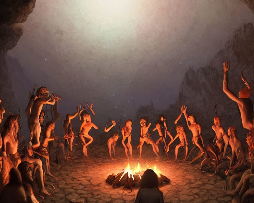 Prehistoric humans in cave: gathering around fire, dancing, playing instruments.