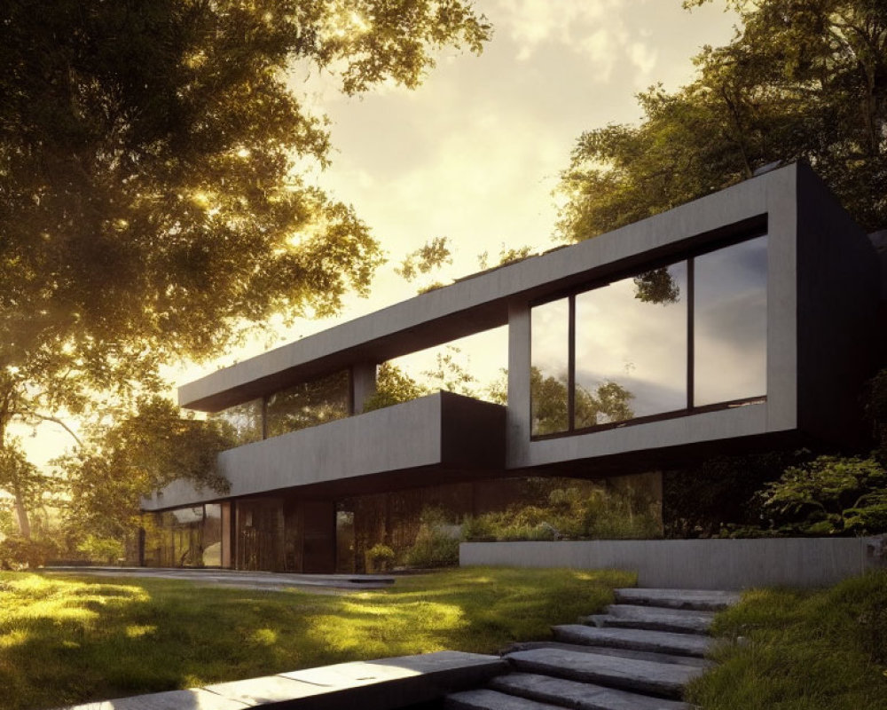 Contemporary cantilevered house with glass windows in green surroundings.