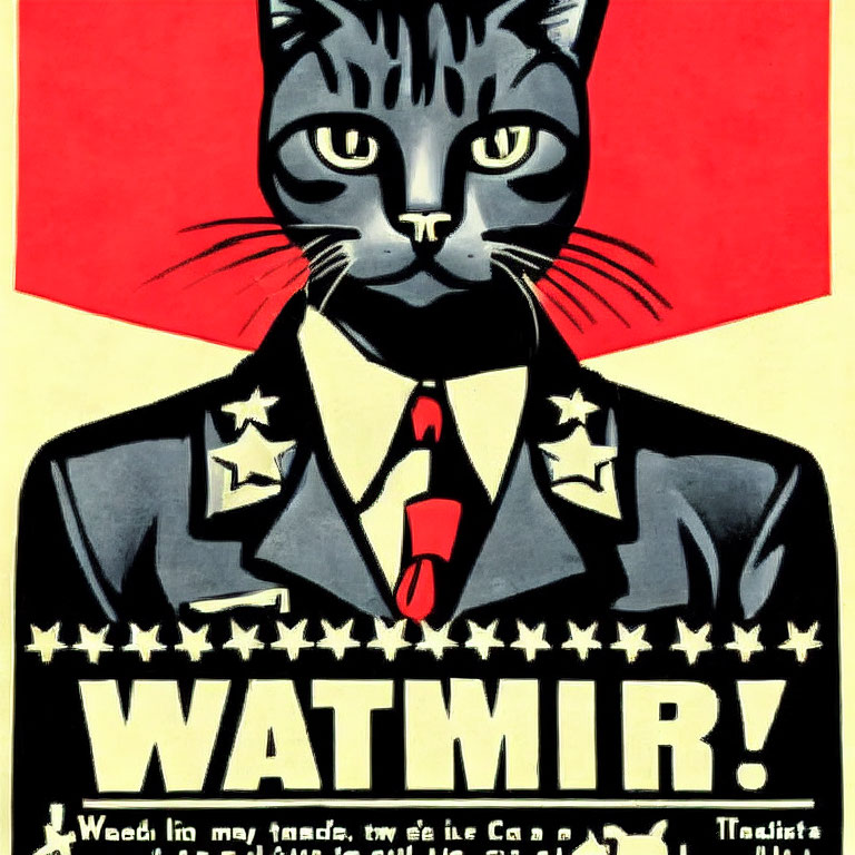 Anthropomorphized cat poster with tie and medals on red and yellow background.