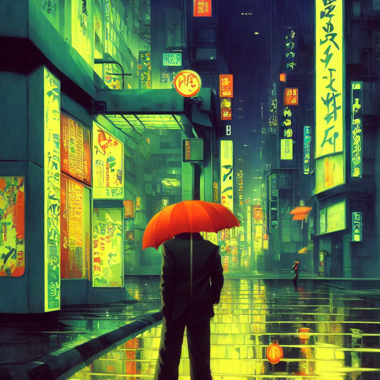 Person with red umbrella in neon-lit Tokyo cityscape at night