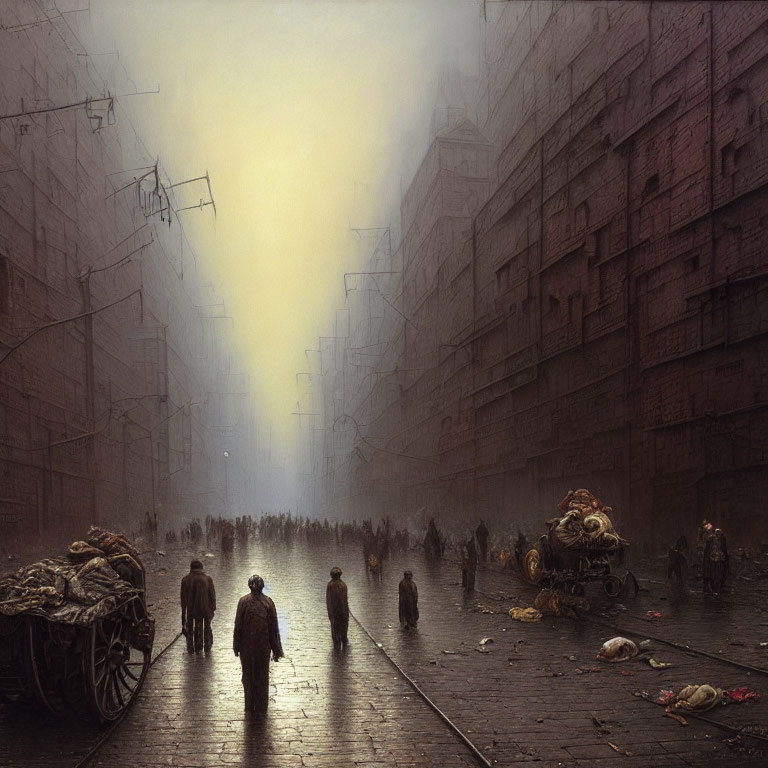 City street scene with people, carts, and soft glow in foggy distance