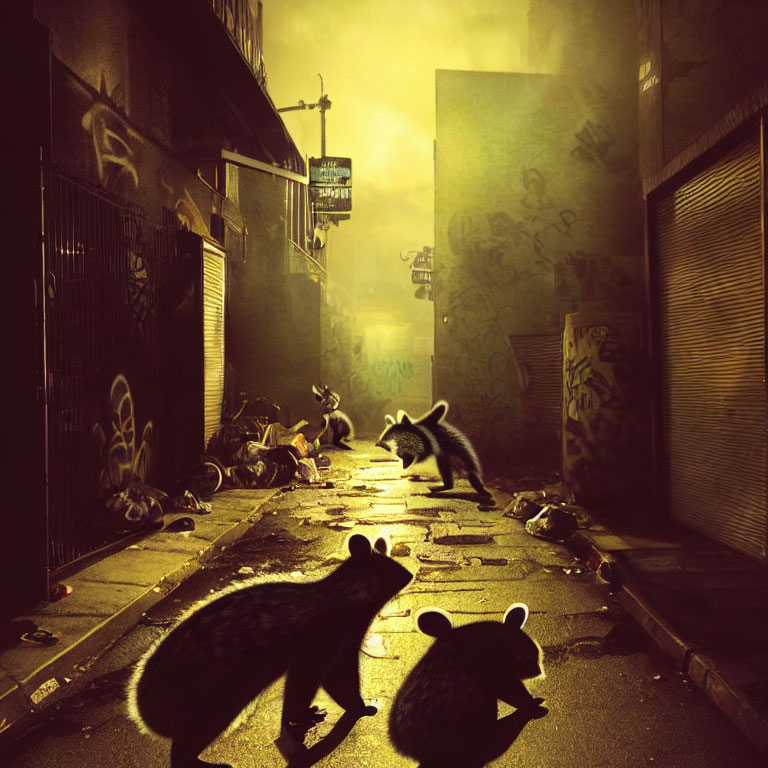 Dark alley with graffiti, trash, and raccoons at night