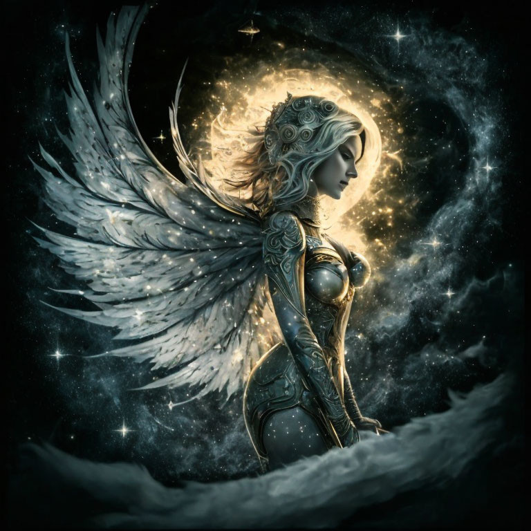 Celestial figure in intricate armor and wings against cosmic backdrop