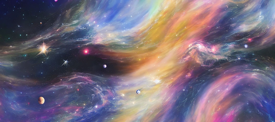 Colorful cosmic scene with swirling nebulas and bright stars