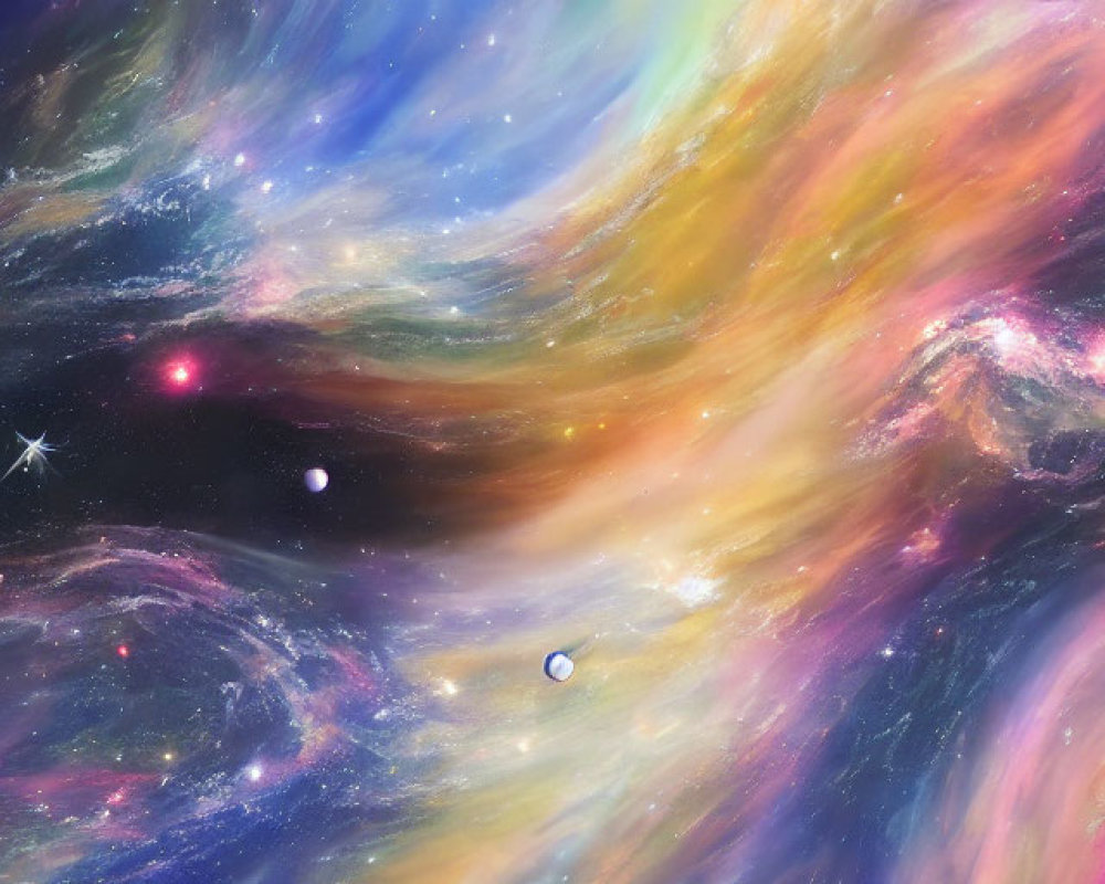 Colorful cosmic scene with swirling nebulas and bright stars