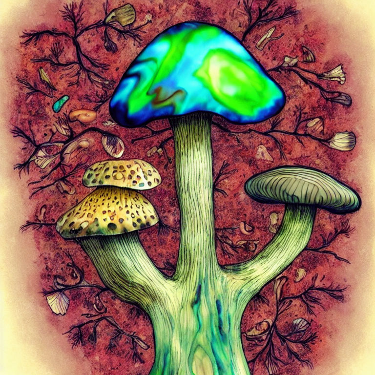 Colorful Stylized Mushroom Illustration with Blue Cap in Earthy Setting