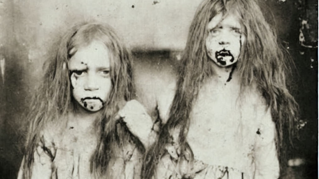 Two girls with smudged dark makeup in haunting sepia-toned photo