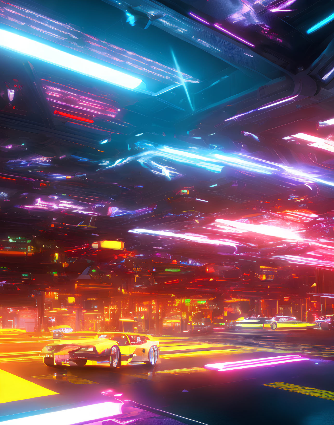 Futuristic cityscape at night with neon lights & flying cars