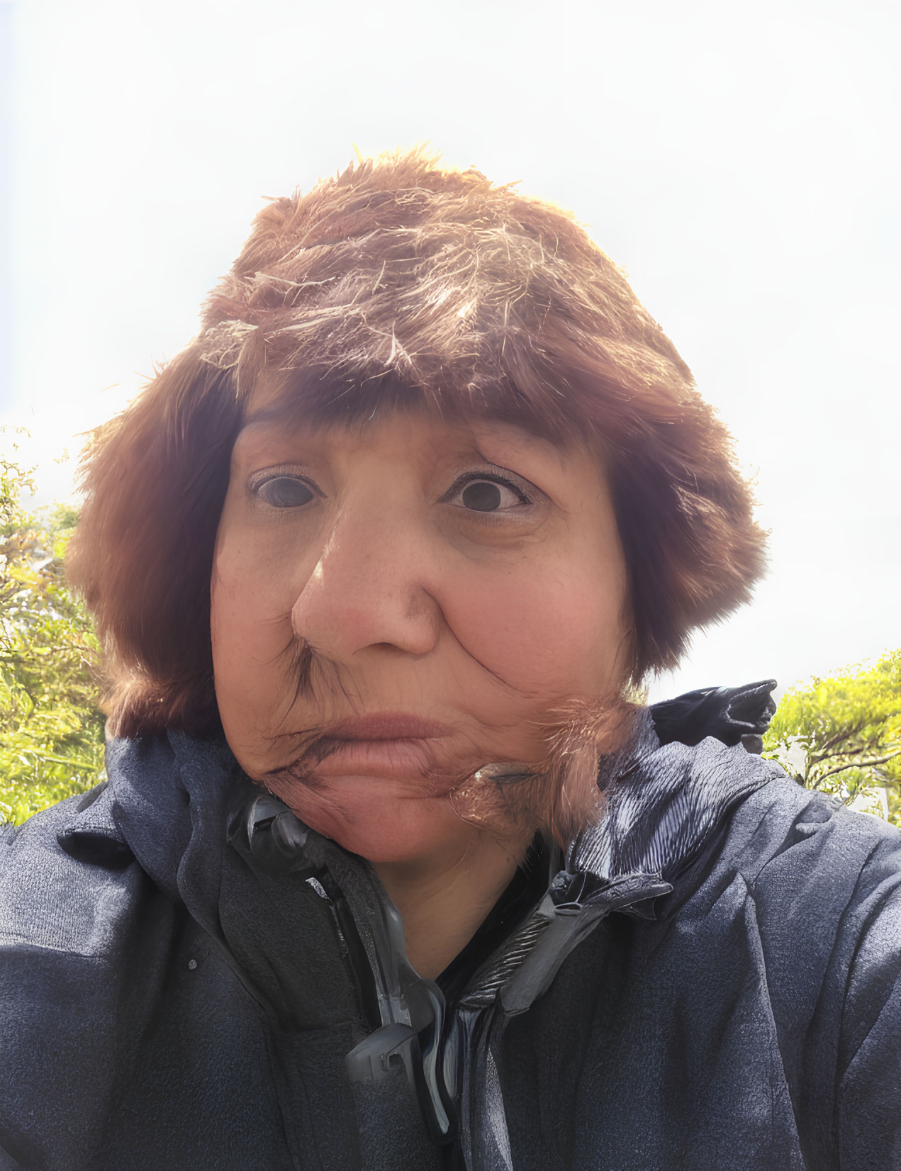 Puzzled person in brown wig and fake mustache outdoors