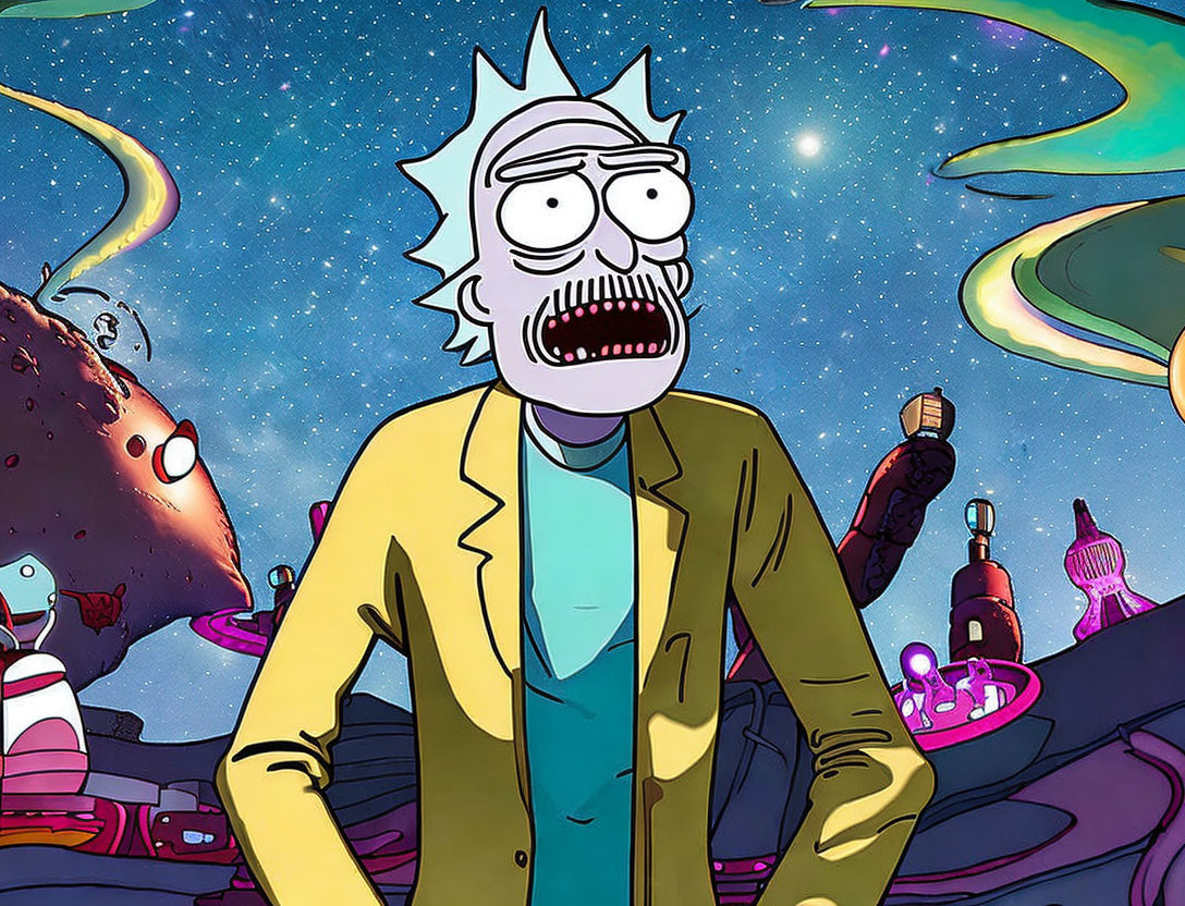 Spiky-haired character in lab coat on colorful space backdrop