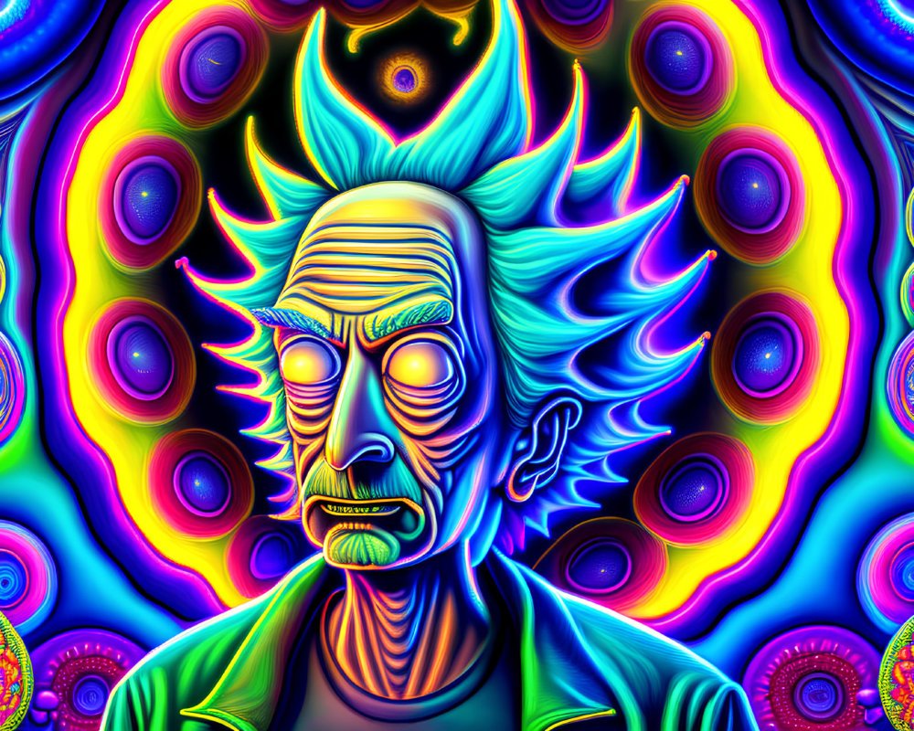 Colorful Psychedelic Artwork: Stylized Man with Exaggerated Features & Kaleidos