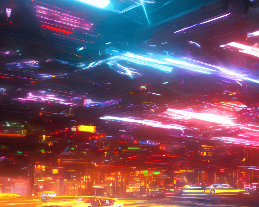 Futuristic cityscape at night with neon lights & flying cars