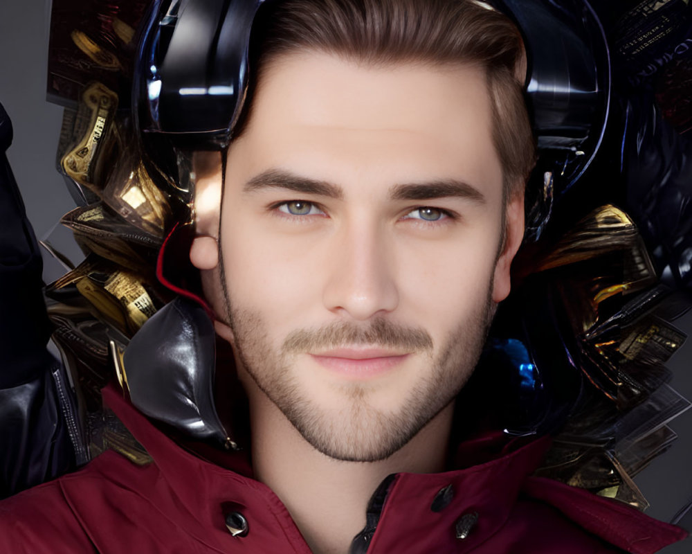 Bearded man in red jacket with futuristic headphones and floating gold bars