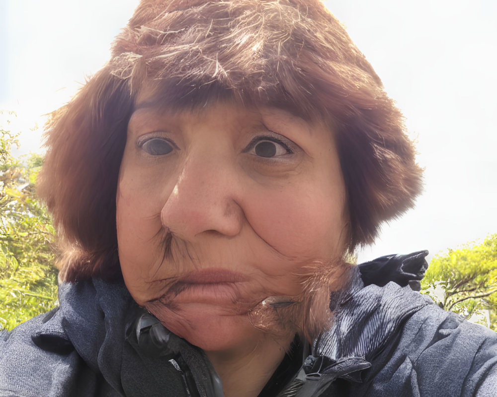 Puzzled person in brown wig and fake mustache outdoors