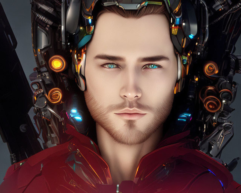 Portrait of person with advanced robotic headgear in black and metallic hues over red high-tech suit