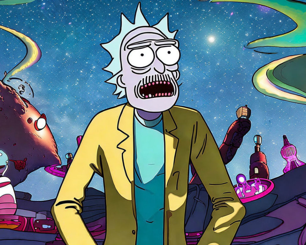 Spiky-haired character in lab coat on colorful space backdrop