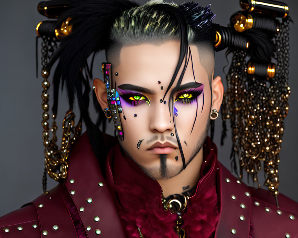 Stylized illustration of man with green hair, yellow eyes, purple eyeshadow, face studs