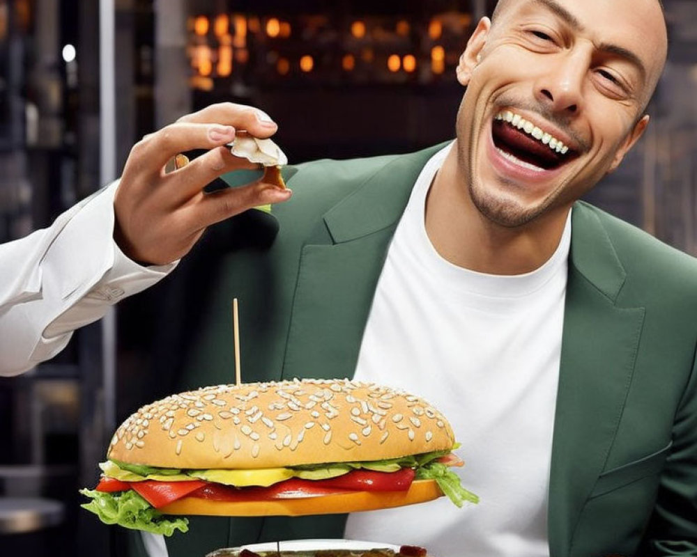 Man in Green Jacket Enjoying Large Burger in Restaurant Setting