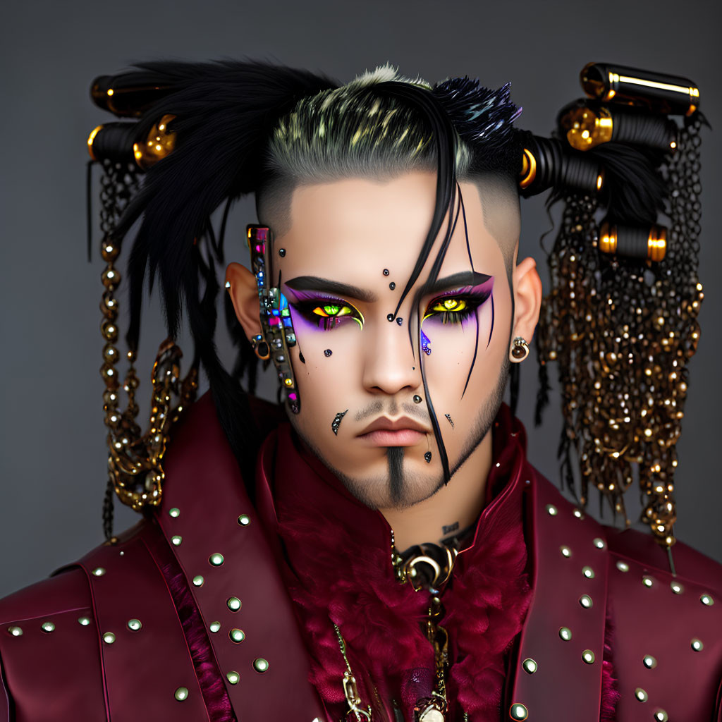 Stylized illustration of man with green hair, yellow eyes, purple eyeshadow, face studs