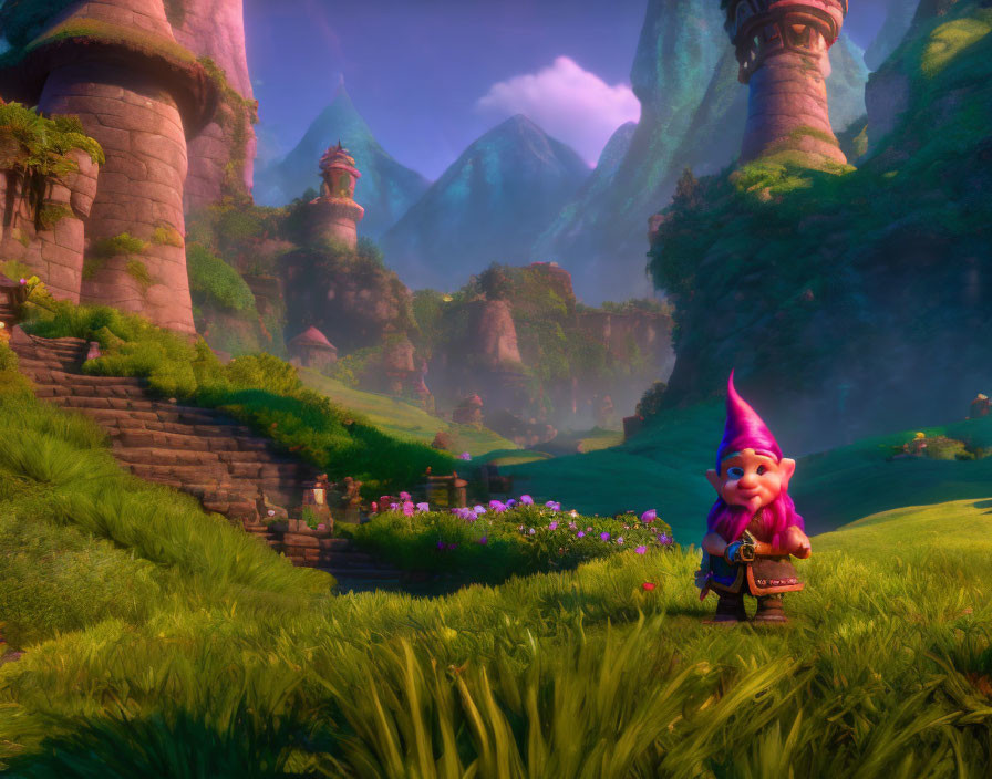 Fantasy landscape with gnome character, towers, mountains.