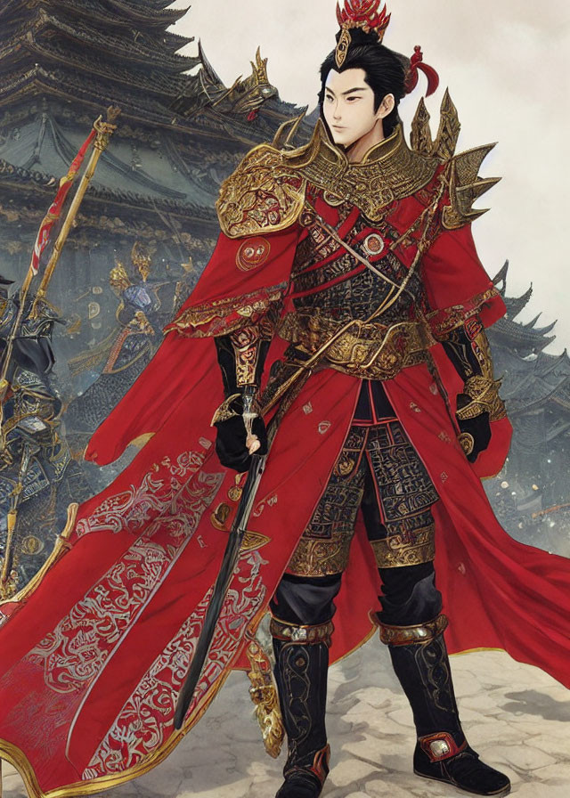 Illustrated warrior in red and gold armor with Asian architectural elements