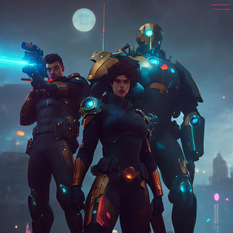 Futuristic warriors in high-tech armor against cityscape with glowing moon