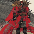 Illustrated warrior in red and gold armor with Asian architectural elements