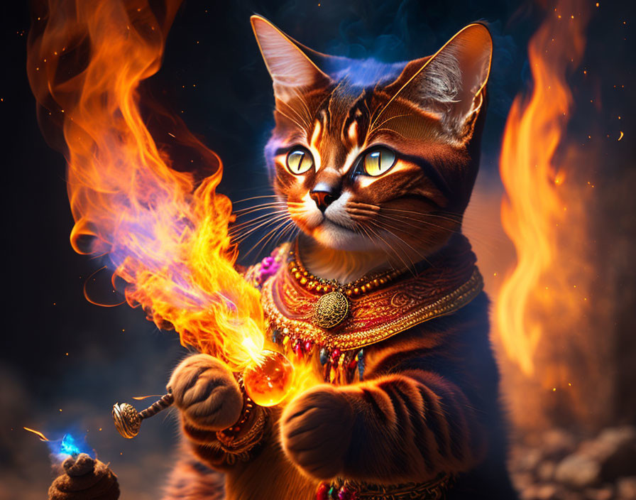 Digitally altered image: Cat with tribal decorations casting spell with flames and magical energy.