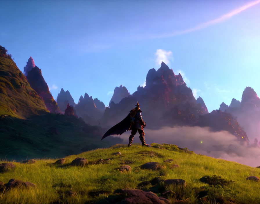 Armored figure on grassy hill at dawn with misty mountain peaks