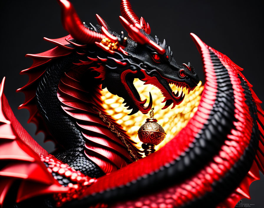 Colorful Red and Black Dragon Figurine with Golden Underbelly Holding Ball