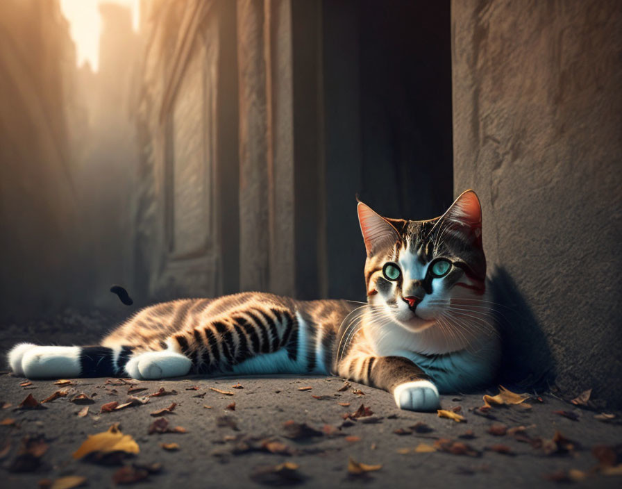 Tabby Cat with Striking Eyes Lounging Among Fallen Leaves in Sunlight