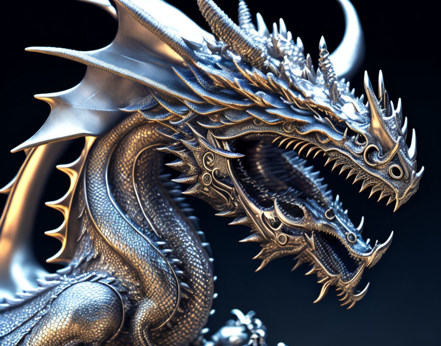 Detailed 3D Metallic Twin-Headed Dragon Rendering