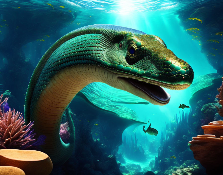 Sea Serpent with Shimmering Scales in Underwater Scene