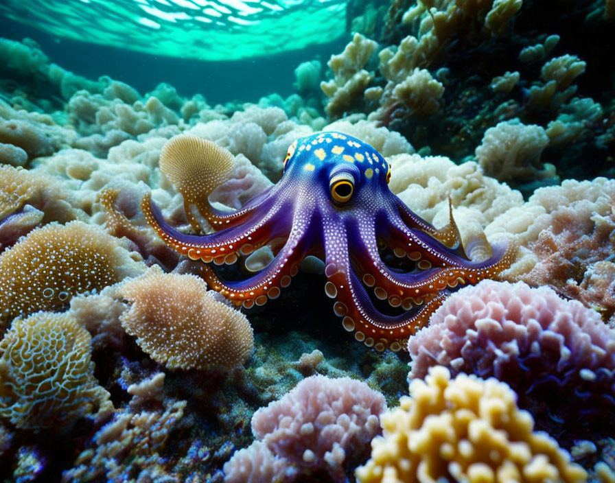 Colorful Octopus Among Coral Reef Underwater