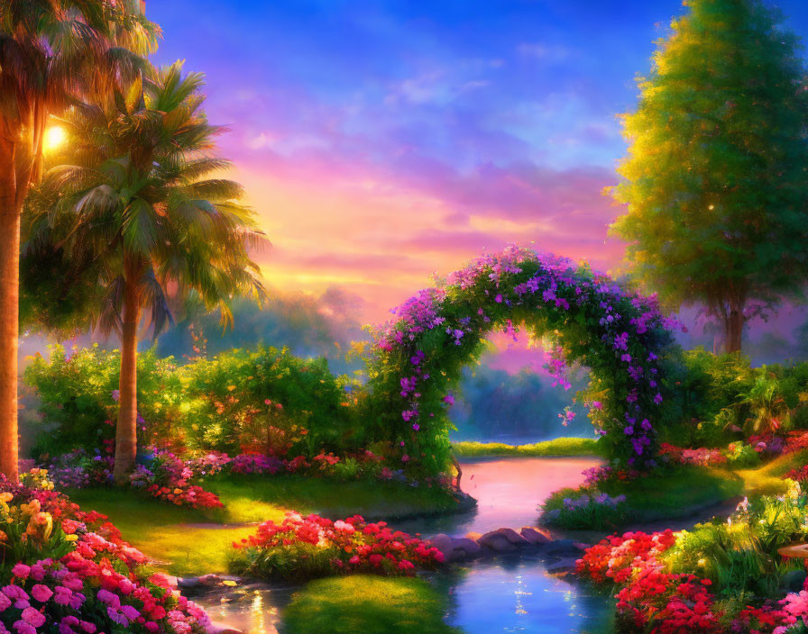 Colorful Landscape with Floral Arch Over River & Sunset Sky