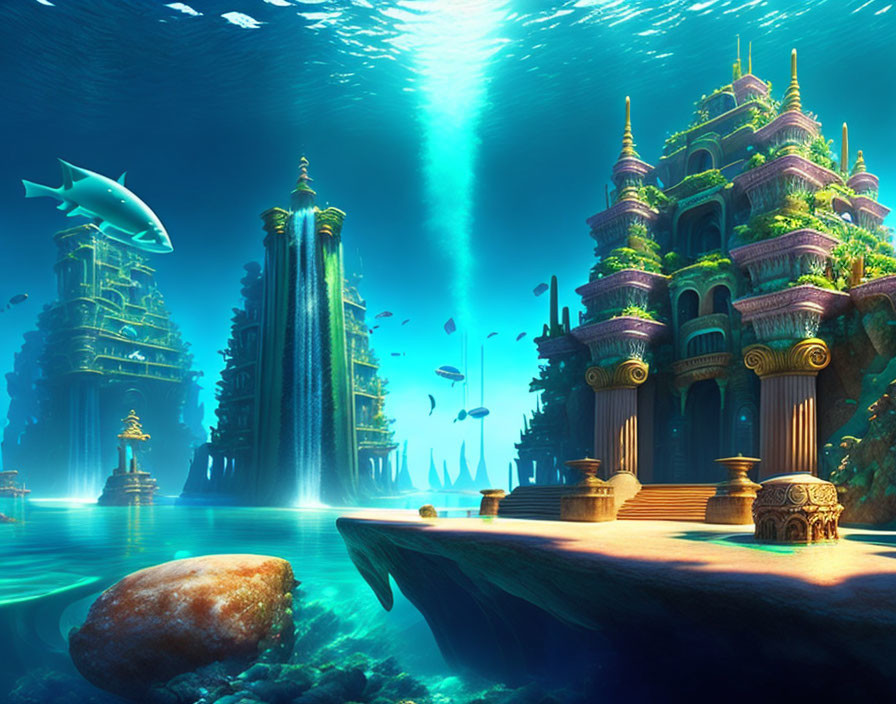 Golden-green underwater fantasy with fish and blue shark