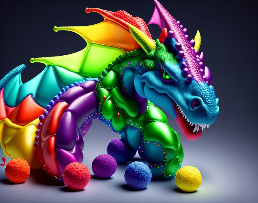 Colorful dragon with intricate textures and bright hues on dark background.