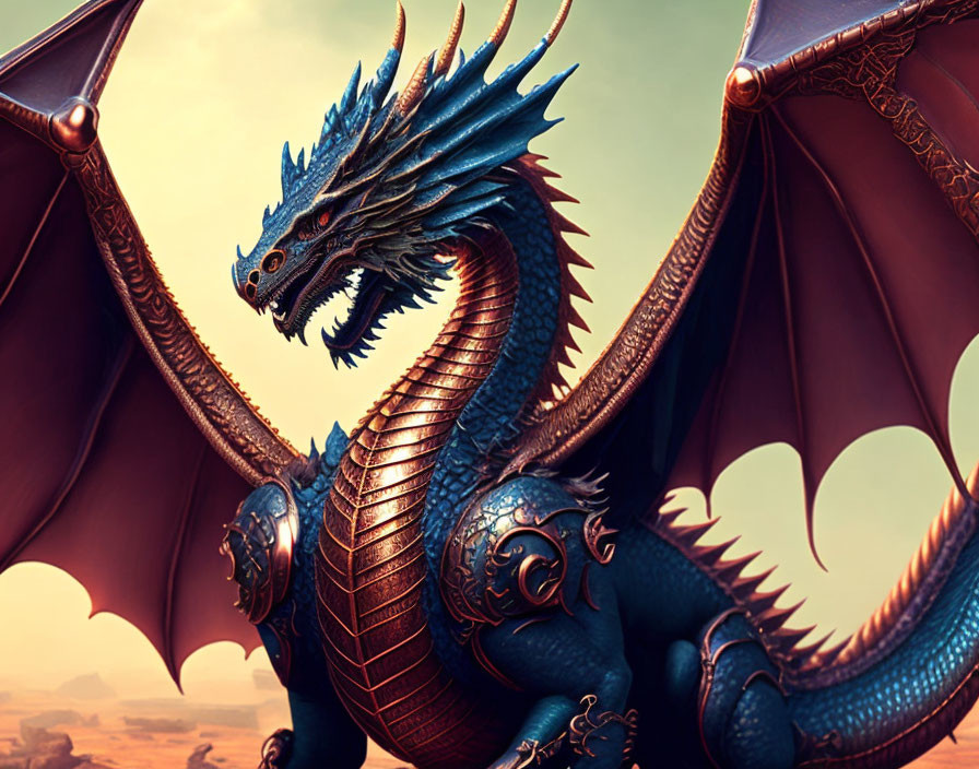 Blue dragon with intricate scales and piercing eyes against dusky sky