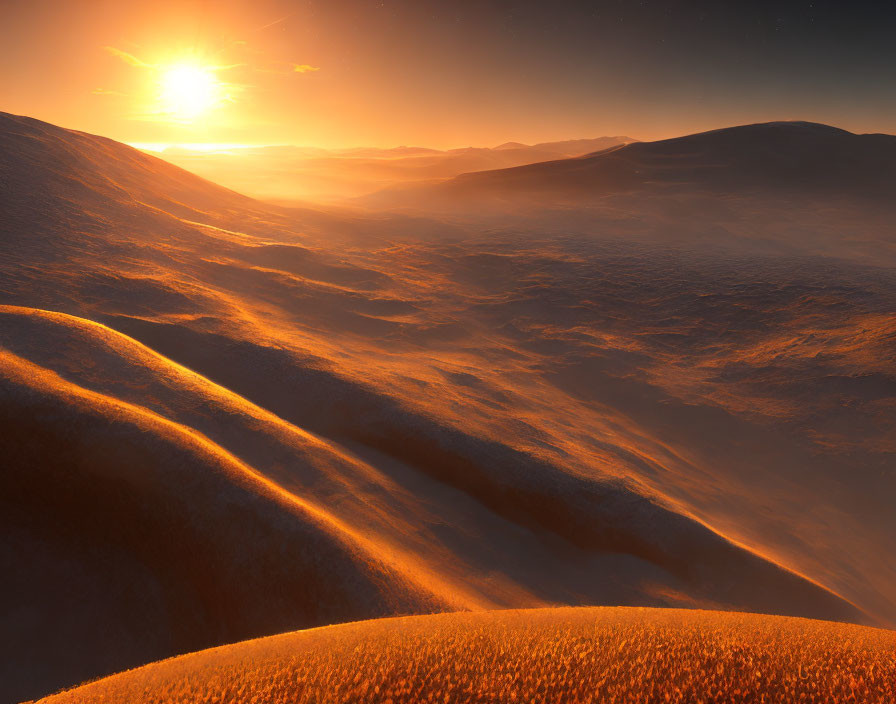 Golden sunrise over serene landscape with rolling hills and desert-like surface