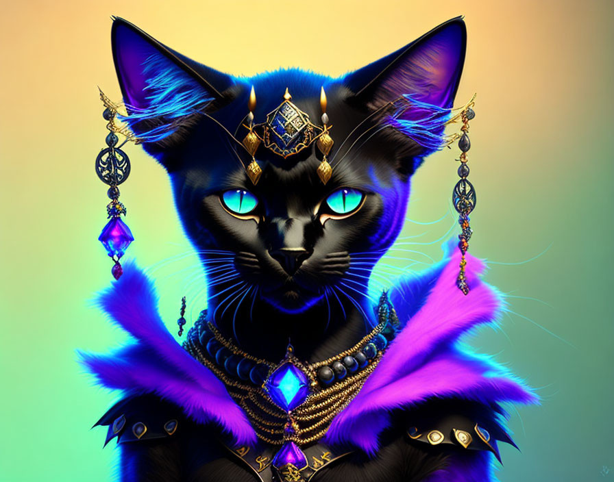 Majestic black cat with blue eyes, purple fur, gold & jewel adornments